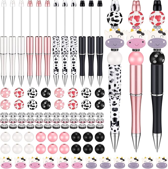 Geyee 12 Set Plastic Beadable Pens Assorted Bead Pens Crystal Wood Round Spacer Set Black Ink DIY Ballpoint for Women Men Gift Office Supplies(Cow Pattern)