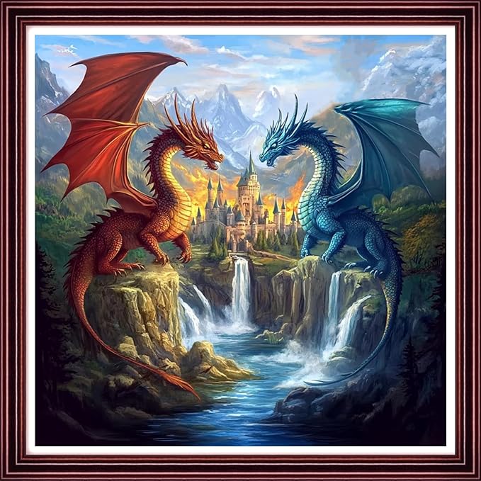Stamped Cross Stitch Kits for Adults 11CT Printed Cross-Stitch Patterns Embroidery Kits Easy Cross Stitching Needlepoint Kits Crossstitch-Water Dragon and Fire Dragon Castle 18x18 inch