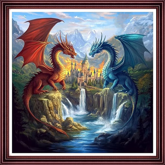 Stamped Cross Stitch Kits for Adults 11CT Printed Cross-Stitch Patterns Embroidery Kits Easy Cross Stitching Needlepoint Kits Crossstitch-Water Dragon and Fire Dragon Castle 18x18 inch