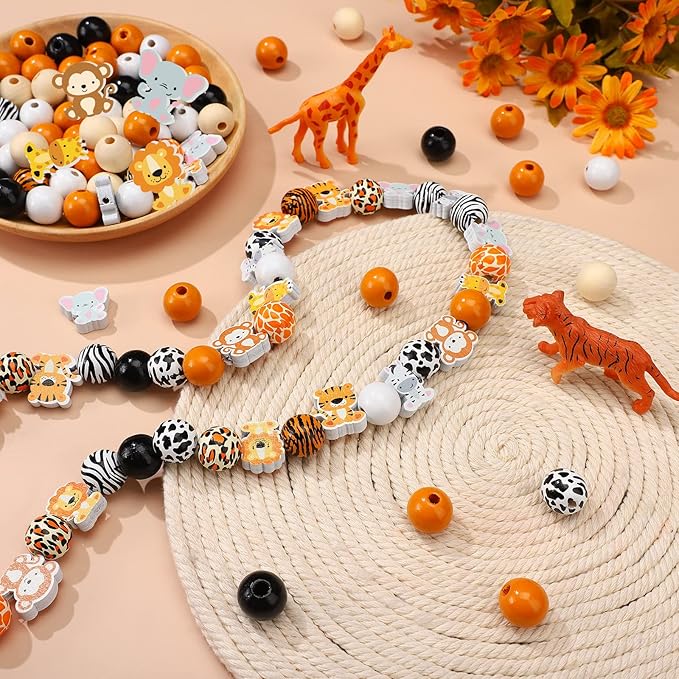 200 Pcs Cute Jungle Animals Wood Beads with Cow Leopard Tiger Giraffe Print Pattern Spacer Loose Beads for Room Party Decor Indoor Tiered Tray Wall Hanging Ornament
