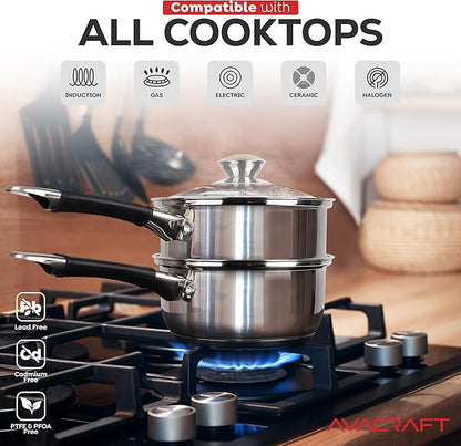 AVACRAFT 18/8 Stainless Steel Double Boiler, 1.5 Quart - Quality Clad Melting Pot for Butter, Chocolate, Cheese, Wax, Sauces - Even Heat, Tempered Glass Lid, Long Handle, Bottom has 5 Layers