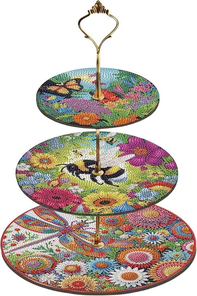 Three-Tier Diamond Painting Wooden Cake Stand DIY Sunflower Diamond Painting Cupcake Towel-Lined Tiered Tray Reusable Pastry Stand (Bee-Attracting Flowers)