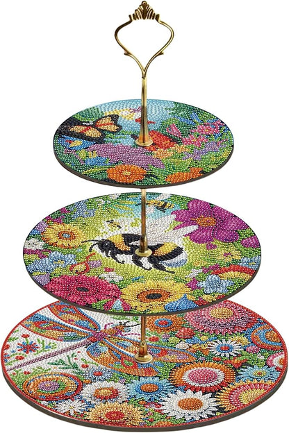 Three-Tier Diamond Painting Wooden Cake Stand DIY Sunflower Diamond Painting Cupcake Towel-Lined Tiered Tray Reusable Pastry Stand (Bee-Attracting Flowers)
