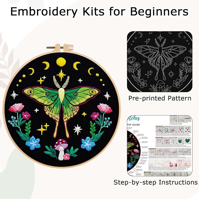 Nuberlic Moth Embroidery Kits for Beginners - Embroidery Starter Cross Stitch Kit DIY Needlepoint Including Cloth with Pattern, Hoop, Needles Instruction and Threads