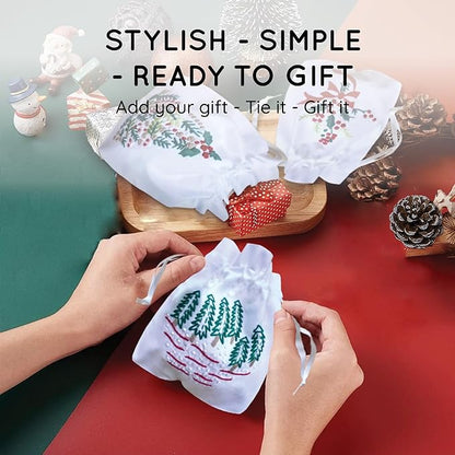 French Knot Embroidery Cotton Drawstring Christmas Gift Bag - Small Reusable Birthday Gift Bag for Girls, Women - Pure Cotton Embroidery Gift Pouch, Pack of 6 (4.5 x6.5 inch) (Single Christmas tree)