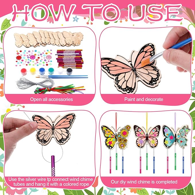 Colingmill 30 Pack Wind Chime Kit Make You Own Crafts Wind Chimes Outdoors Decorative DIY Coloring Wooden Crafts for Gift Art Room Birthday Party Favors(Butterfly Style)