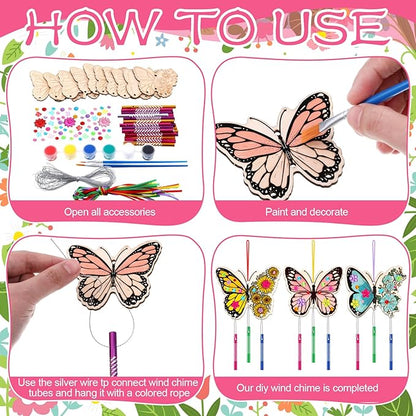 Colingmill 30 Pack Wind Chime Kit Make You Own Crafts Wind Chimes Outdoors Decorative DIY Coloring Wooden Crafts for Gift Art Room Birthday Party Favors(Butterfly Style)