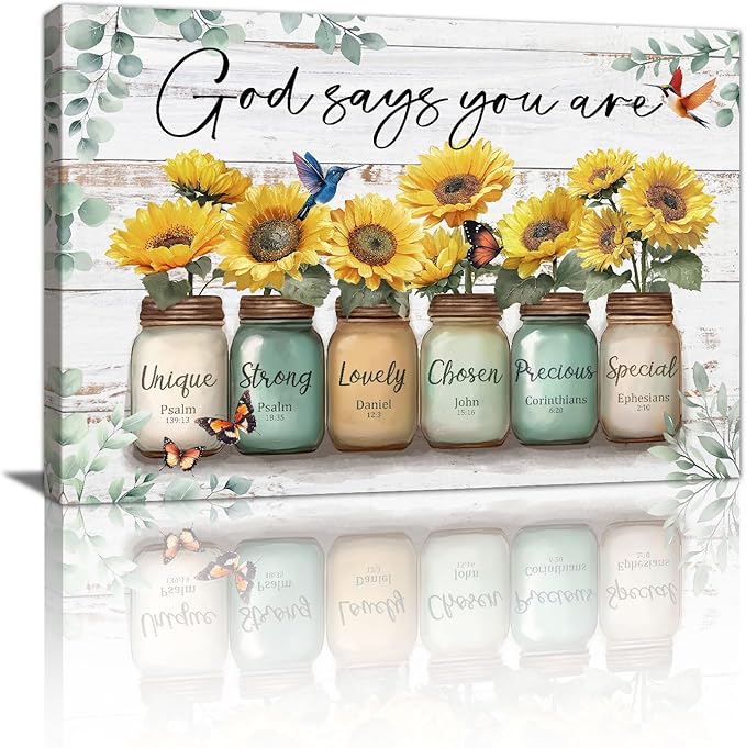WENGTIAO Christian Sunflower Canvas Wall Art Print God Says You Are Picture Bible Verse Poster Inspirational Scripture Painting Mason Jar Flower Wall Decor Quotes Artwork for Living Room Bedroom 12x16 inch