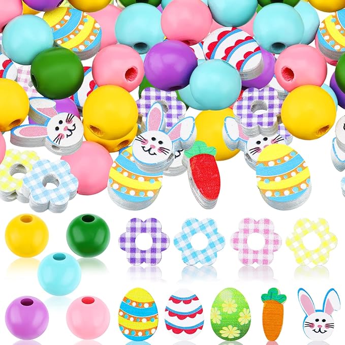 200 Pieces Easter Wood Beads for Craft Colorful Round Craft Bead Rabbits Egg Wood Bead for Spring Garland DIY Easter Holiday Family DIY Crafts Supplies Party Decors, Multiple Style (Cute Style)