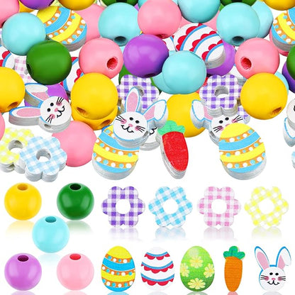 200 Pieces Easter Wood Beads for Craft Colorful Round Craft Bead Rabbits Egg Wood Bead for Spring Garland DIY Easter Holiday Family DIY Crafts Supplies Party Decors, Multiple Style (Cute Style)