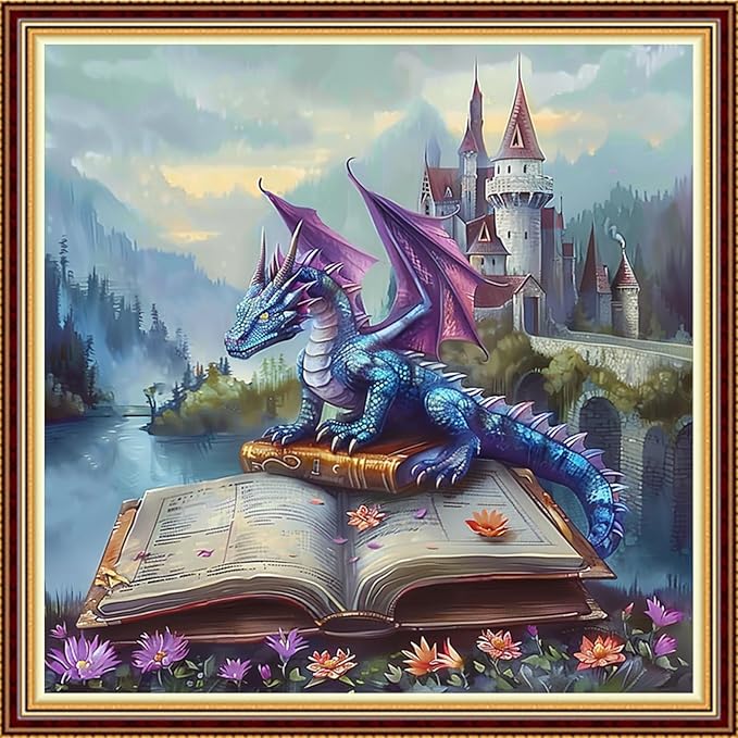 DMCVIVR Stamped Cross Stitch Kits for Adults Beginners Embroidery Kits 11CT Needlepoint Kits Cross Stitch Patterns Embroidery Patterns-Wing Dragon Castle Book Flower Street 18x18 inch