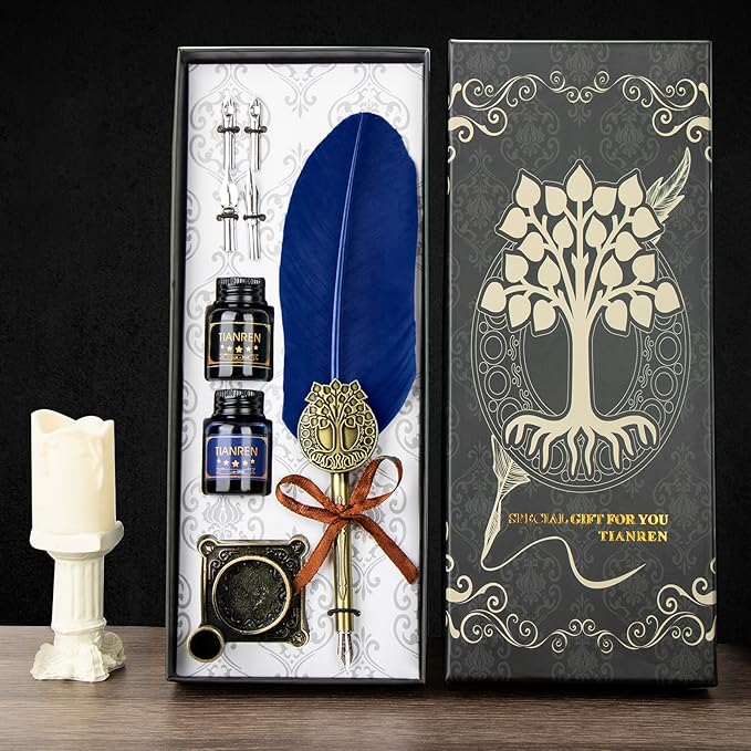 TIANREN Quill pen ink set,Feather Pen and Ink Set,Antique Calligraphy Pen with 4 Replaceable Nibs,2 Bottle of ink,Feather Dip Pen Holder Christmas Gift for Men&Women.(Blue)