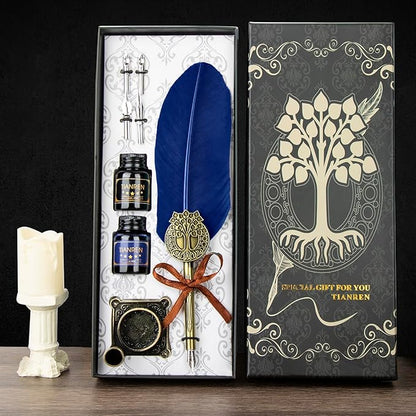 TIANREN Quill pen ink set,Feather Pen and Ink Set,Antique Calligraphy Pen with 4 Replaceable Nibs,2 Bottle of ink,Feather Dip Pen Holder Christmas Gift for Men&Women.(Blue)