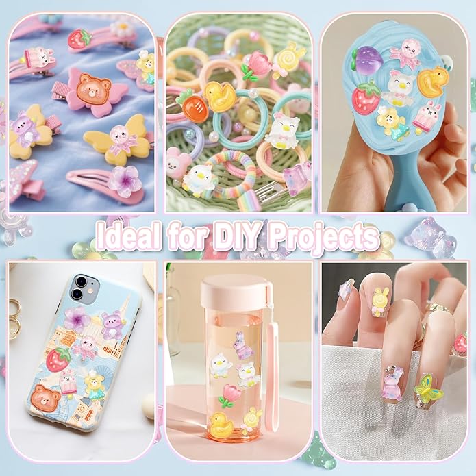 120Pcs Slime Charms Cute Set Mixed Colors Flatback Resin Charm Kawaii Embellishments for DIY Crafts Bulk Assorted Ornament Making kit Accessories for Phone Junk Cases Scrapbooking Decorations