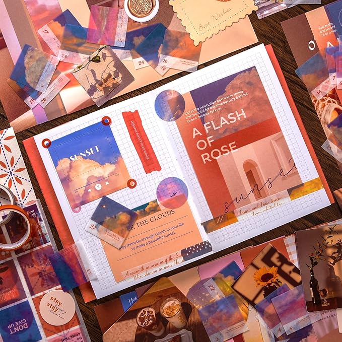 OFFIGIFT Scrapbooking Supplies Kit, 351pcs Bullet Junk Journal Kit with Journaling Supplies Aesthetic Scrapbook Paper A6 Grid Notebook, Scrapbook Kit, Art Craft DIY Gifts for Adult Women, Sunset