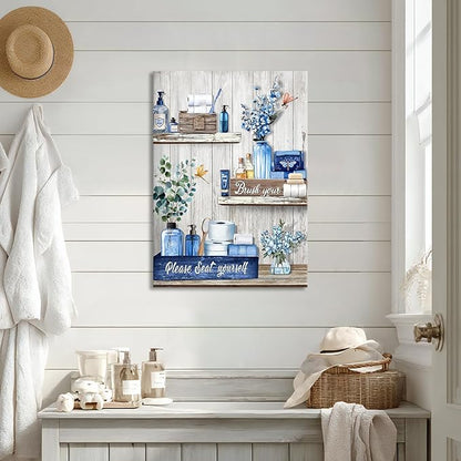 WANGTIAO Navy Blue Shelf Pattern Bathroom Canvas Wall Art Rustic Grey Wood Grain Wall Paintings Please Seat Yourself Sign Prints Pictures Vintage Aesthetic Bathroom Poster Artwork Home Decor 16"x24"