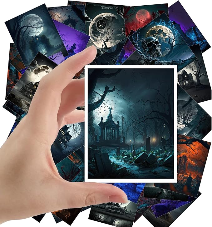Large Stickers 24 pcs (2.5"x3.5" Each) Abandoned Graveyard in Night Forest Vintage Halloween Postcards Thriller Book Illustrations Reprint