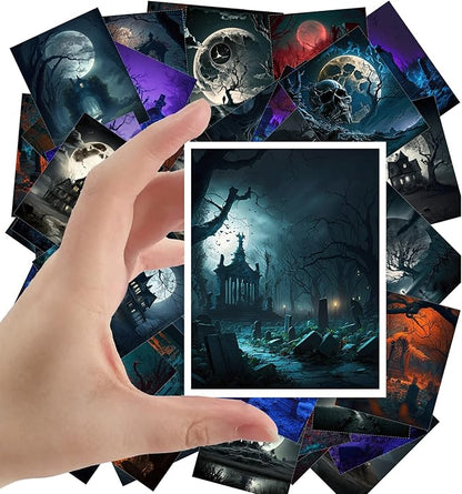 Large Stickers 24 pcs (2.5"x3.5" Each) Abandoned Graveyard in Night Forest Vintage Halloween Postcards Thriller Book Illustrations Reprint