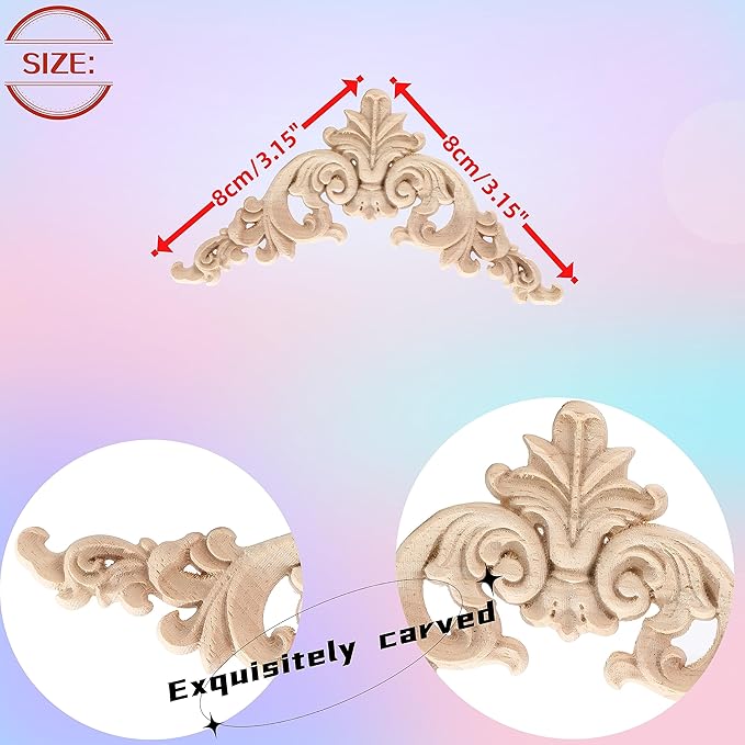 4PCS Corner Wooden Carving Decal Unpainted Wood Appliques Onlays DIY Wood Carved Furniture Appliques Onlays for Wall Bed Door Wardrobe Cabinet Furniture Decoration(02,8x8cm/3.15x3.15inch)