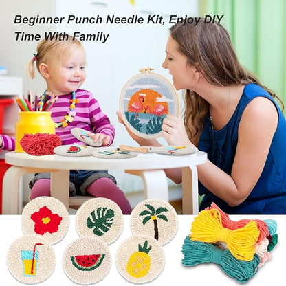 Sukhumvit 8PCS Punch Needle Coaster Kit, Beginners Adults Punch Needle Set with 8 Hawaiian Flamingos Tufted Patterns, Includes Yarn, Hoop&Pads, Starter Embroidery Kit DIY for Coaster & Home Decor