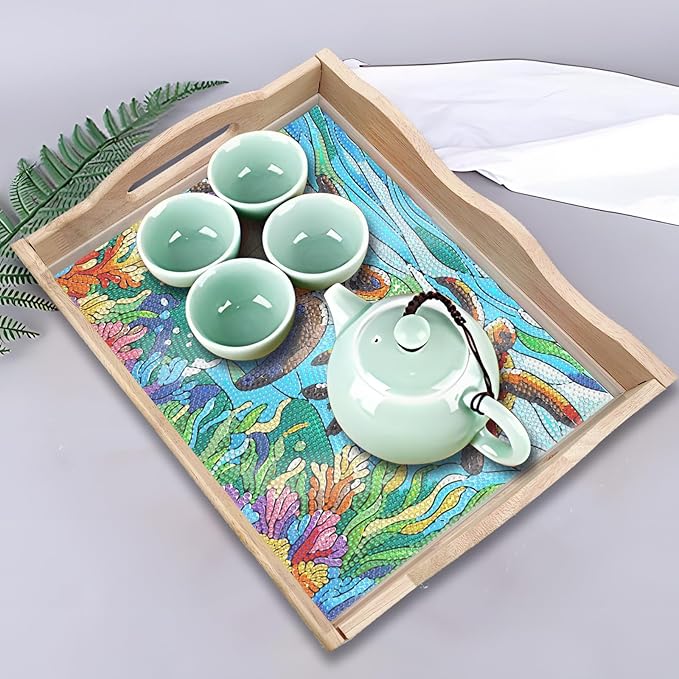 DIY Diamond Art Wooden Tray Kit, Food Tray with Handle Diamond Painted Table Decoration Tray, for Breakfast, Bar Dinner Table Diamond Dots Gem Painting Art Set for Beginners-#28-Sea Turtles