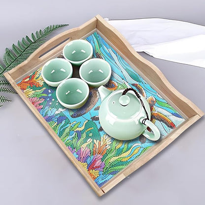 DIY Diamond Art Wooden Tray Kit, Food Tray with Handle Diamond Painted Table Decoration Tray, for Breakfast, Bar Dinner Table Diamond Dots Gem Painting Art Set for Beginners-#28-Sea Turtles