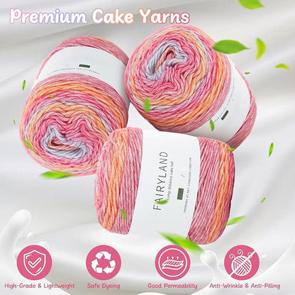 Aeelike Gradient Yarn for Crocheting, 3 Skeins Cake Yarns 100g (3.52 oz) 245m (267 Yards) # 3 Light Weight Super Soft Ombré Yarns for Making Blanket Scarves Sweaters, Pink Purple Gradient