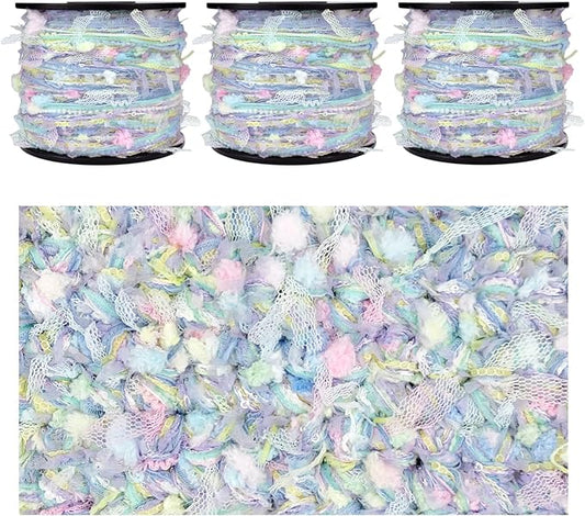 Artisanal Yarn Collection Multifiber Fancy Yarn with Micro Silver Sequins for Knitting Crocheting Crafts DIY, Set of 3 Rolls (Dreamy Blue)