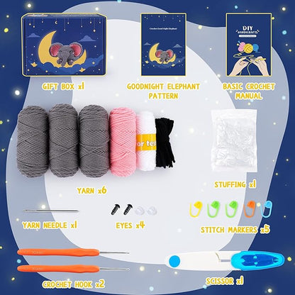 Fortuning's JDS Crochet Kit for Beginners - Elephant Crochet Kits with Step-by-Step Video Tutorials, Beginner Crochet Kit for Adults, Crochet Animal Kit, Goodnight Elephant Crocheting Set (Grey)