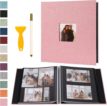 Self Adhesive Photo Album Black Pages Scrapbook Magnetic Photo Albums for 4x6 5x7 8x10 Pictures Books with Sticky Pages with A Metallic Pen for Baby Family Wedding 13.2x12.8 Pink 40 Pages