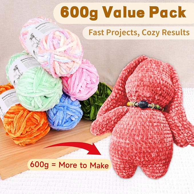 Velvet Chenille Yarn Pack – 6 Skeins × 100g Super Bulky (CYC #6) – Soft Velvet Chunky for Crocheting & Knitting, Fluffy Chenille Yarn for Blankets, Scarves & Crafts (White)
