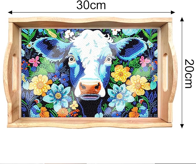 FGbaby DIY 5D Flowers Cow Diamond Painting Wood Serving Tray with Handles Diamond Art Decorative Serving Trays Wooden Tray for Breakfast in Bed, Patio, BBQ, Coffee Table, Party –Great for Lap & Couch