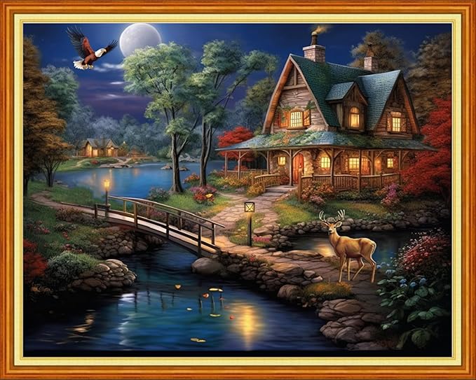 Foxhool Stamped Cross Stitch Kits,11CT Printed Cross Stitch Pattern Full Embroidery Kits for Beginner Needlepoint Kits-Night View of The House 16x20 inchs