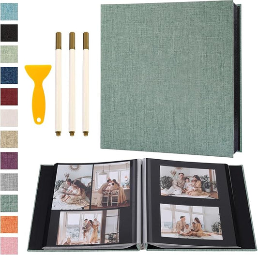 Photo Album Self Adhesive Pages Black Sticky Pages Large Scrapbook Linen Cover for 4x6 5x7 8x10 Pictures Album de Fotos Wedding Couples Baby Family Memory Book, 13.2x12.8 Green 120 Pages