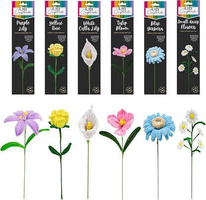 WeVeel Cozy Craftworks Chenille Stem Flower Craft Kit for Adults – Create 6 Colorful Blooms (Lily, Rose, Calla Lily, Tulip, Gerbera & Daisy) – Relaxing DIY Arts & Crafts Kit with All Supplies