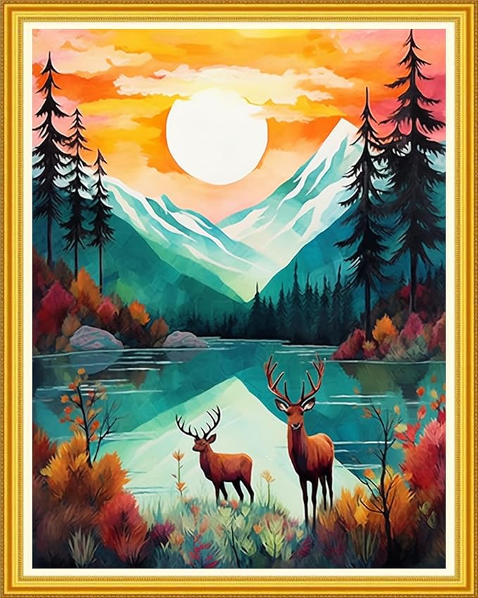 DMCVIVR Stamped Cross Stitch Kits for Beginners Adults Needlepoint Kits for Beginners Embroidery Kits for Adults Crossstitch Kit for Beginners 11CT-Early Morning elk 16x20 inch
