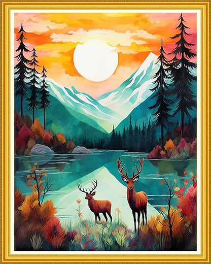 DMCVIVR Stamped Cross Stitch Kits for Beginners Adults Needlepoint Kits for Beginners Embroidery Kits for Adults Crossstitch Kit for Beginners 11CT-Early Morning elk 16x20 inch
