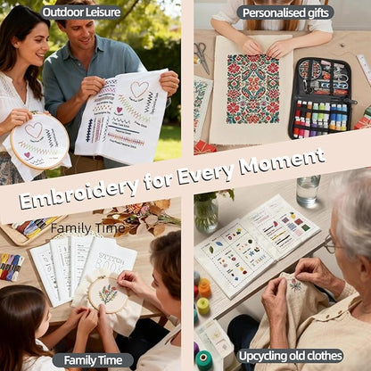 2026 Upgraded Embroidery Stitch Book & Complete Kit for Beginners | Includes 86 Tools,63 Water-Soluble Patterns & 106 Designs with Instructions | Portable Craft Set for Adults & DIY Lovers