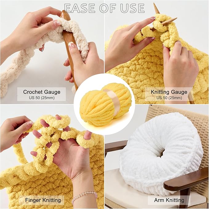 ERLYEEN Chenille Chunky Yarn Super Bulky Soft Thick Fluffy Jumbo Giant Washable Polyester Big Yarn DIY for Arm Knit Blanket Cushion Bed Sofa Home Decor,Yellow,0.55LB