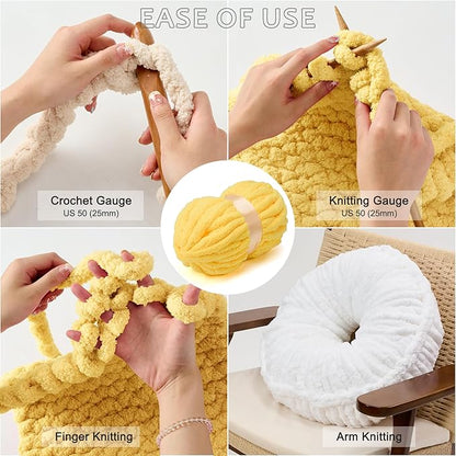 ERLYEEN Chenille Chunky Yarn Super Bulky Soft Thick Fluffy Jumbo Giant Washable Polyester Big Yarn DIY for Arm Knit Blanket Cushion Bed Sofa Home Decor,Yellow,4.4LB