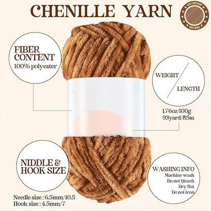 Woanger 20 Skeins Soft Chenille Yarn Velvet Blanket Yarn for Crocheting Hand Knitting Weaving DIY Craft, 10 Colors, 93 Yards Each (Earth Tone)
