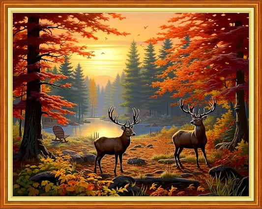 Foxdiviy Stamped Cross Stitch Kits Full Range of Embroidery Needlework Starter Kits for Beginners Adults 11CT Embroidery Patterns Art Crafts DIY Needlepoint Kits-Late Autumn Elk 16x20 inch