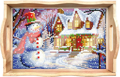 FGbaby DIY 5D Snowman House Diamond Painting Wood Serving Tray with Handles - Diamond Art Decor for Breakfast, Patio, BBQ, Coffee Table, Party