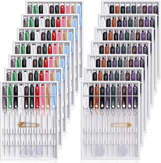 MTLEE 14 Boxes 140 Pieces Mini Quick Fix Sewing Kit Easy Pre Threaded Needle Basic Personal Kit Plastic Threaded Needle Holder Small Home Travel Sewing Box with Pin Button Classic Color