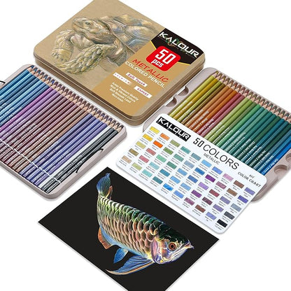 KALOUR 50 Piece Metallic Colored Pencils for Adult Coloring,Soft Core with Vibrant Color,Ideal for Drawing Blending Sketching Shading,Coloring Pencils for Adults Beginners