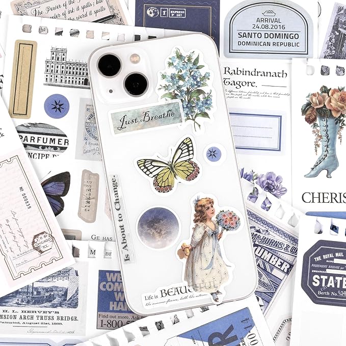 RISYPISY Pre-Cut Vintage Ephemera Washi Scrapbook Sticker Book for Scrapbooking - 50 Sheets Blue Journaling Dark Academia Stickers for Junk Journal Scrap Book Supplies Arts Frame Album, 473PCS