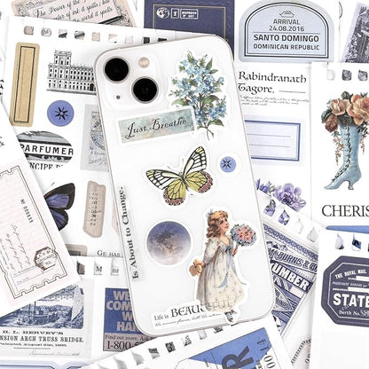 RISYPISY Pre-Cut Vintage Ephemera Washi Scrapbook Sticker Book for Scrapbooking - 50 Sheets Blue Journaling Dark Academia Stickers for Junk Journal Scrap Book Supplies Arts Frame Album, 473PCS