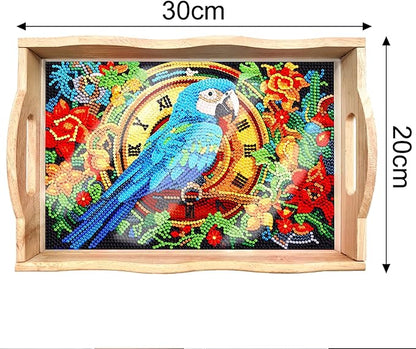 FGbaby DIY 5D Parrot Diamond Painting Wood Serving Tray with Handles Diamond Art Decorative Serving Trays Wooden Tray for Breakfast in Bed, Patio, BBQ, Coffee Table, Party –Great for Lap & Couch