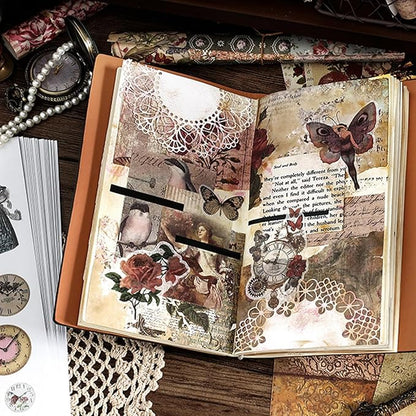 Prstincol Vintage Aesthetic Washi Stickers and Papers for Scrapbooking, 40 Sheets Ephemera Book for Art Journaling with Flower Butterfly Beauty Theme Stickers and Decoupage Papers for Junk Journal