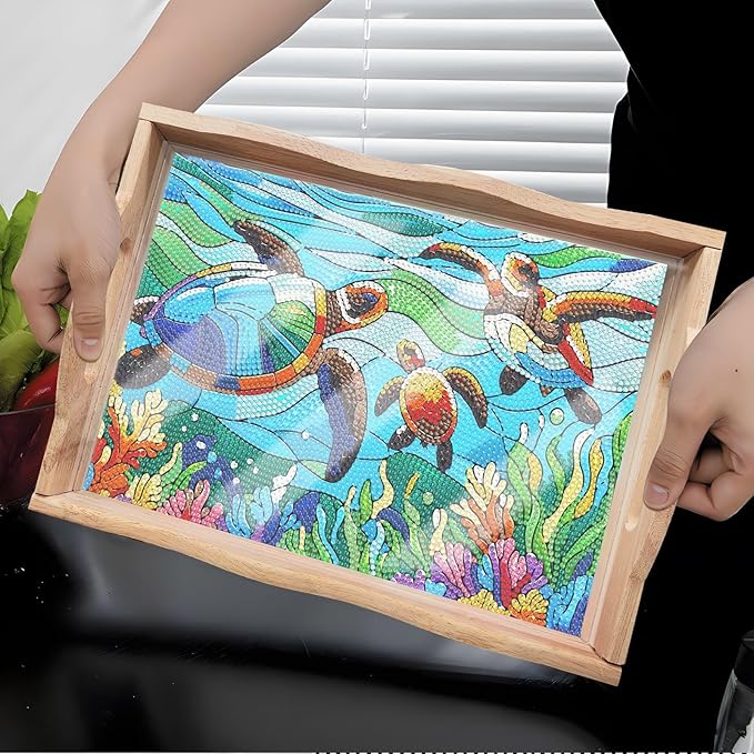 DIY Diamond Art Wooden Tray Kit, Food Tray with Handle Diamond Painted Table Decoration Tray, for Breakfast, Bar Dinner Table Diamond Dots Gem Painting Art Set for Beginners-#28-Sea Turtles